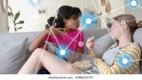 Image of network of connections over diverse women using tablet. Global artificial intelligence, connections, computing and data processing concept digitally generated image.