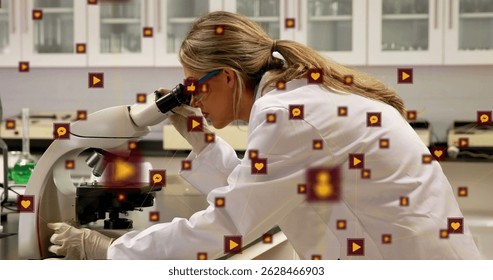 Image of network of connections over female scientist global science. connections, data processing and digital interface concept digitally generated image.