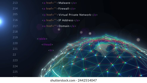 Image of network of connections over globe. Global connections, networks, data processing and digital interface concept digitally generated image.