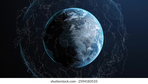Image of network of connections over globe. Global connections, computing and data processing concept digitally generated image.