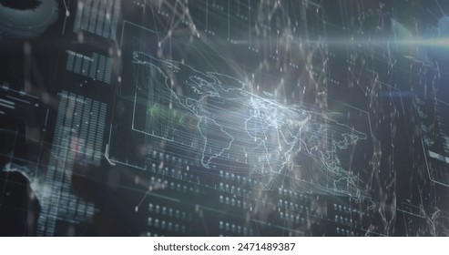 Image of network of connections over interface with data processing against black background. Global networking and business interface technology concept