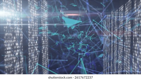 Image of network of connections over moving columns on black background. global connections, data processing and digital interface concept digitally generated image. - Powered by Shutterstock - Get 15% off with code: PIKWIZARD15