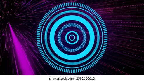 Image of network of connections over scope scanning on black background. Global connections, computing and data processing concept digitally generated image.