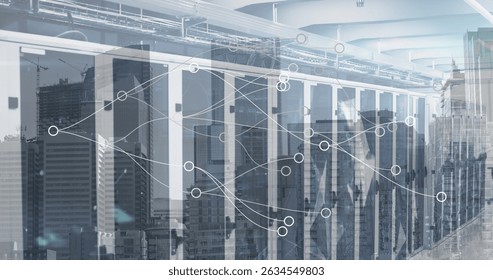 Image of network of connections over server room and cityscape. Global technology and digital interface concept digitally generated image.