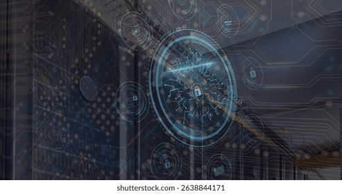 Image of network of connections over server room and padlock. Global business and digital interface concept digitally generated image.