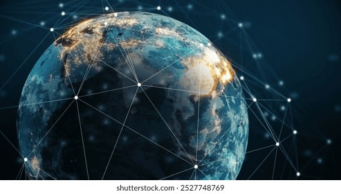 Image of network of connections over a spinning globe against blue background. Global networking and business technology concept