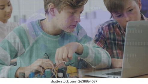 Image of network of connections over students using computers. Global business digital interface and technology concept digitally generated image.
