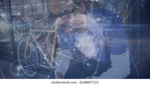 Image of network of connections over woman wearing vr headset. Global connections technology data processing and digital interface concept digitally generated image.