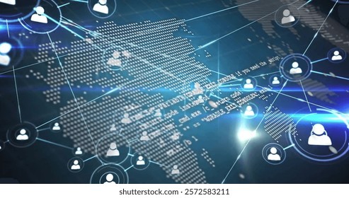 Image of network of connections over world map. Global connections, computing and data processing concept digitally generated image.