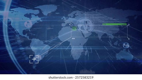 Image of network of connections over world map. Global connections, computing and data processing concept digitally generated image.
