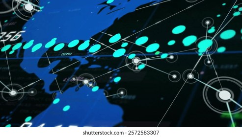 Image of network of connections over world map. Global connections, computing and data processing concept digitally generated image.