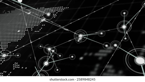 Image of network of connections over world map and data processing on black background. Global connections, computing and digital interface concept digitally generated image.