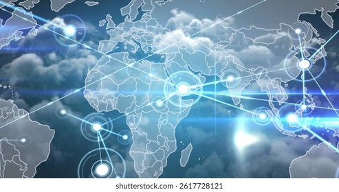Image of network of connections over world map. global connections, digital interface and data processing concept digitally generated image.