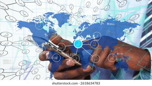 Image of network of connections with people icons over biracial businessman using smartphone. global networking, computing, data processing and digital interface concept digitally generated image.