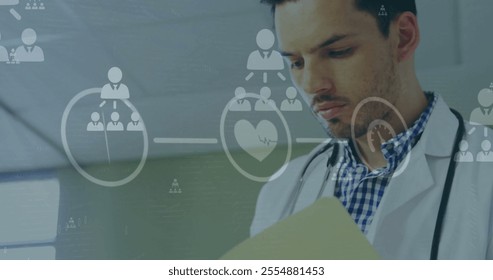 Image of network of connections with social media icons over caucasian male doctor. Global medicine, connections and digital interface concept digitally generated image. - Powered by Shutterstock