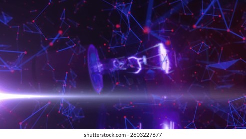 Image of network of connections spinning over glowing satellite. global connections, digital interface and security concept digitally generated image.