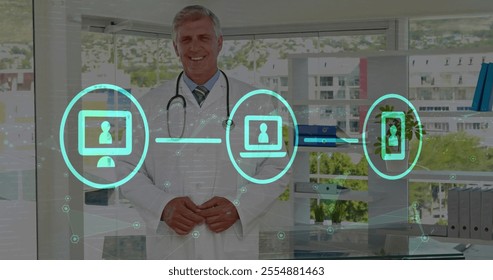 Image of network of connections with technology icons over caucasian male doctor. Global medicine, connections and digital interface concept digitally generated image. - Powered by Shutterstock