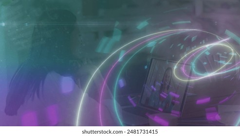 Image of network of connections and tunnel over caucasian woman using laptop. global connections, data processing and technology concept digitally generated image.