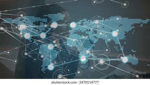 Image of network of connections with world map over biracial woman using smartphone. Global connections, networks and data processing concept digitally generated image. - Powered by Shutterstock