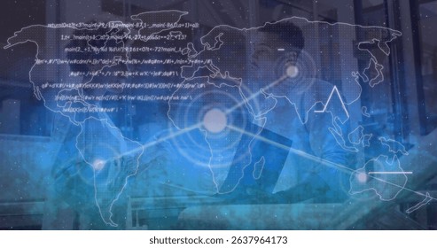 Image of network of connections and world map over two diverse business people. Global connections, data processing and digital interface concept digitally generated image.