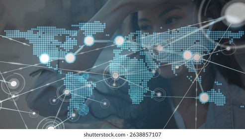 Image of network of connections with world map over woman using smartphone. Global connections, networks and data processing concept digitally generated image.