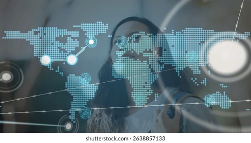 Image of network of connections with world map over woman in city. Global connections, networks and data processing concept digitally generated image.