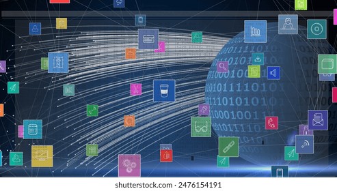 Image of network of digital icons against binary coding over globe and light trails. Global networking and business technology concept