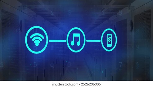 Image of network of digital icons and blue light spot against computer server room. Global networking and business data storage technology concept