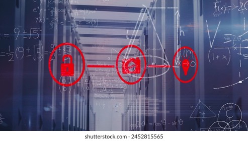 Image of network of digital icons, data processing and mathematical equations over server room. Business data storage technology concept - Powered by Shutterstock - Get 15% off with code: PIKWIZARD15