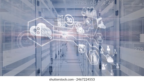 Image of network of digital icons and data processing over servers. Global business, finances, computing and data processing concept digitally generated image.
