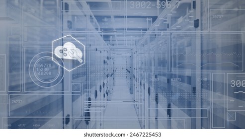 Image of network of digital icons and data processing over servers. Global business, finances, computing and data processing concept digitally generated image.
