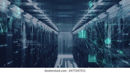 Image of network of digital icons, data processing and mosaic squares against server room. Global economy and business data storage technology concept