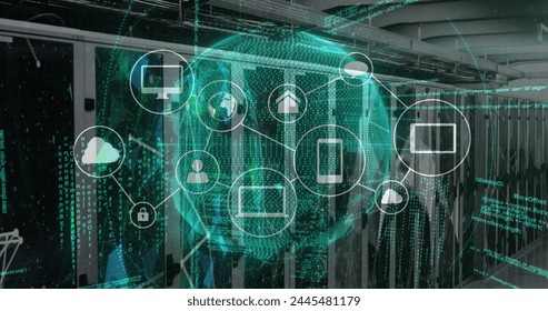 Image of network of digital icons, globe of plexus networks, data processing against server room. Global networking and business data storage technology concept