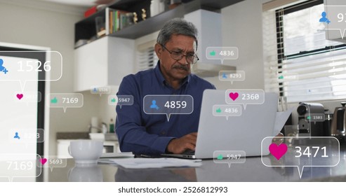 Image of network of digital icons over businessman using laptop. Network connections social media and technology concept digitally generated image. - Powered by Shutterstock