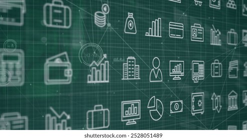 Image of network of digital icons over grid and network of connections. Global computing and data processing concept digitally generated image.