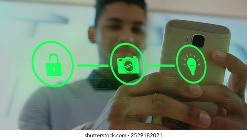 Image of network with digital icons over biracial man using smartphone. Connections, networks, technology and data processing concept digitally generated image.