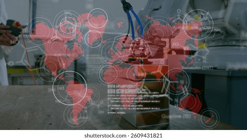 Image of network of digital icons over world map and robot working. Digital interface global connection and communication concept digitally generated image.