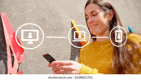Image of network with digital icons over caucasian woman using smartphone. Connections, networks, technology and data processing concept digitally generated image.