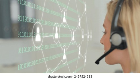 Image of network of icons with binary coding over caucasian businesswoman. Global networks, business, finances, computing and data processing concept digitally generated image.