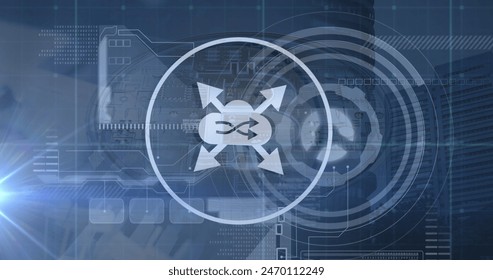 Image of network with icons and data processing with bitcoin symbol over cityscape. Global computing, finance, business and data processing concept digitally generated image.