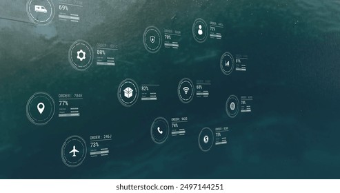 Image of network of icons with data processing over seascape. Global connections, computing and data processing concept digitally generated image.