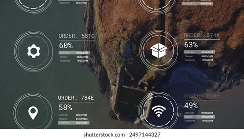 Image of network of icons and data processing over landscape. Global connections, computing and data processing concept digitally generated image.