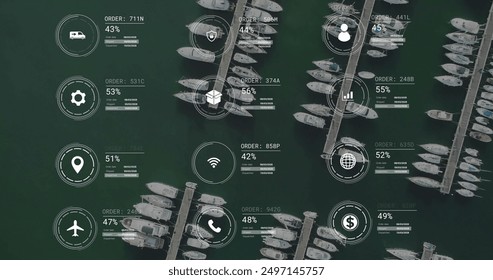 Image of network of icons and data processing over marina landscape. Global connections, computing and data processing concept digitally generated image. - Powered by Shutterstock - Get 15% off with code: PIKWIZARD15
