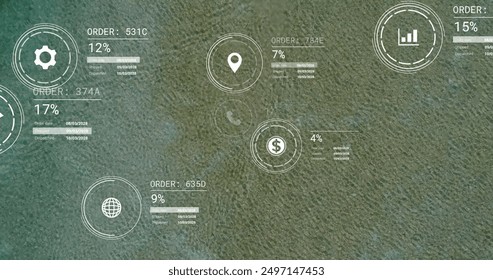 Image of network of icons and data processing over seascape. Global connections, computing and data processing concept digitally generated image.