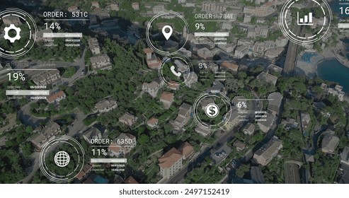Image of network of icons and data processing over landscape. Global connections, computing and data processing concept digitally generated image.