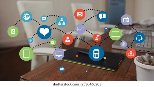 Image of network of icons and data processing over laptop. Global business, finance and data processing concept digitally generated image.