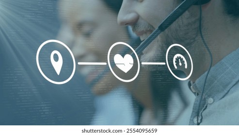 Image of network of icons over diverse business people with phone headsets. Global finance, business, connections, computing and data processing concept digitally generated image. - Powered by Shutterstock