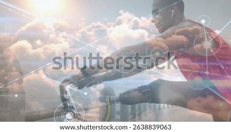 Image of network lines connecting dots, african man with prosthetic leg stretching on pier. Digital composite, multiple exposure, connect the dots, wellbeing, athlete with disabilities, fitness.