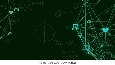 Image of network of media icons over mathematical equations on chalkboard. Network, data, mathematics, digital interface, education and communication, digitally generated image. - Powered by Shutterstock - Get 15% off with code: PIKWIZARD15