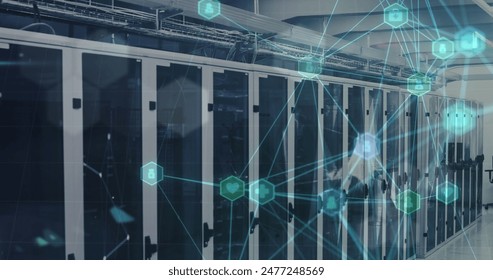 Image of network of medical icons, light spot and plexus networks against computer server room. Medical research and business data storage technology concept